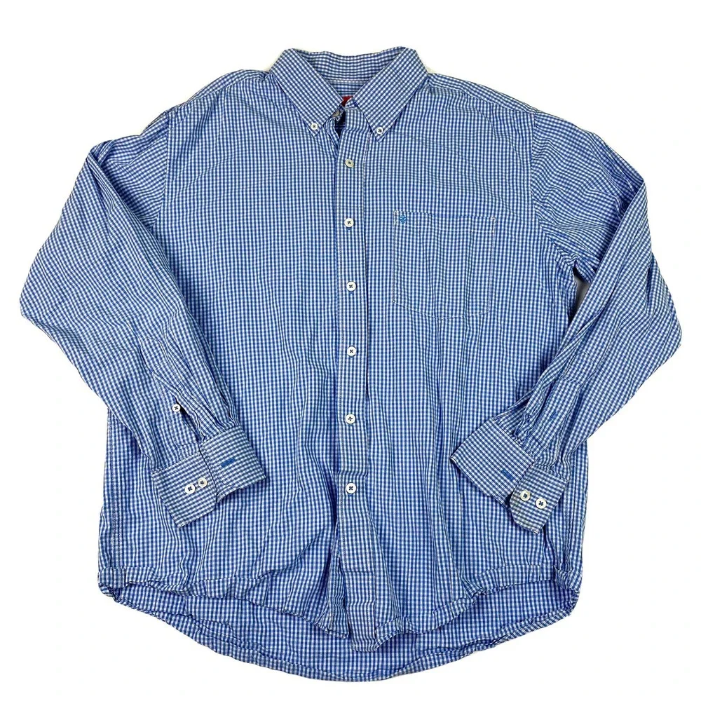 IZOD Shirt Men Large Button‎ Front Blue Gingham Check 100% Cotton